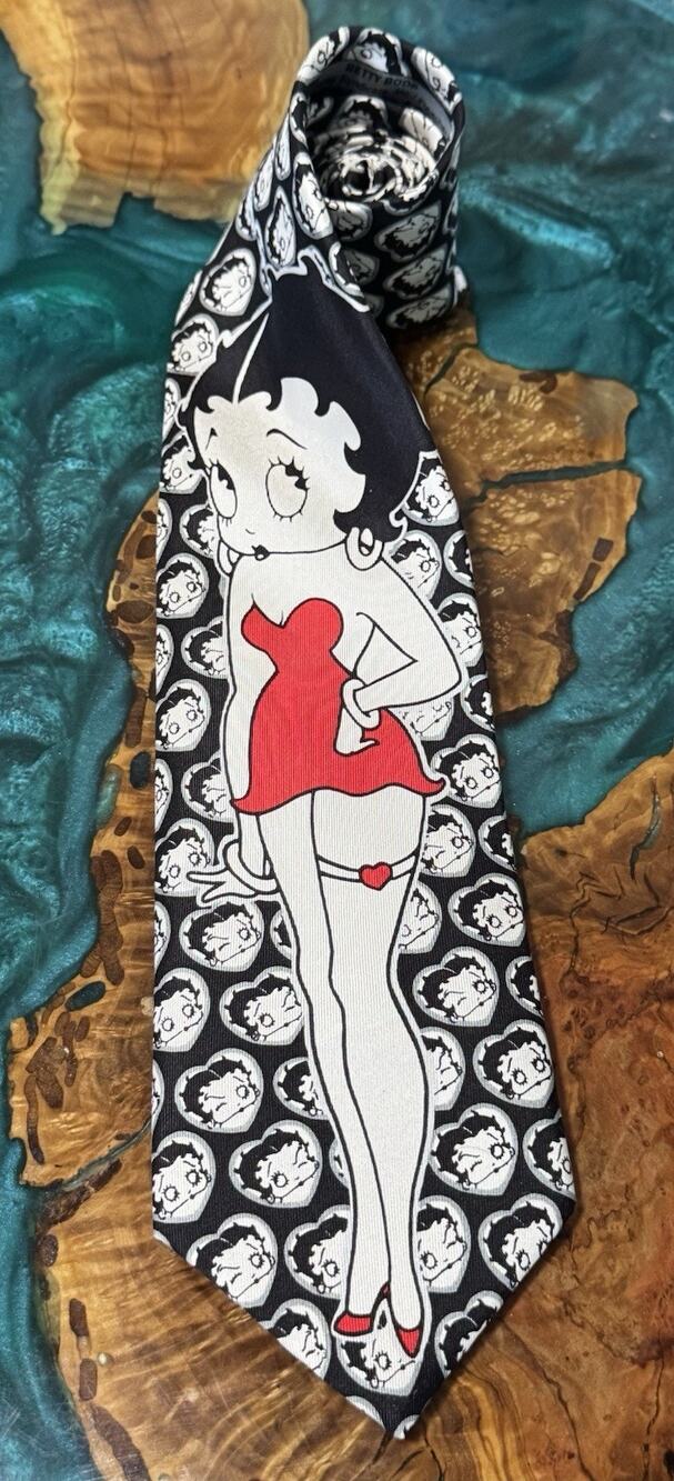 BETTY BOOP Black & White Red Dress Garter Silk Necktie Tie RM Style Made in USA